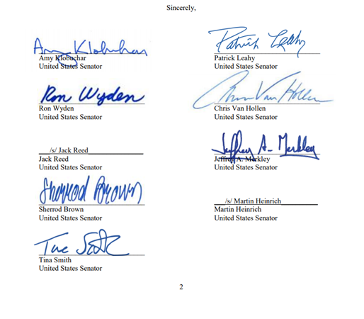 Signatures from US Representatives