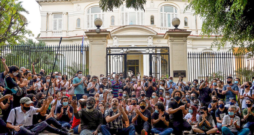 A demonstration in support of the San Isidro movement at the Ministry of Culture in Havana on Nov. 27.Credit...Yamil Lage/Agence France-Presse — Getty Images